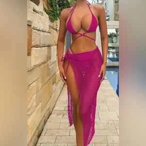 3pc Hot Pink Halter Thong Bikini Set with Cover Up Skirt